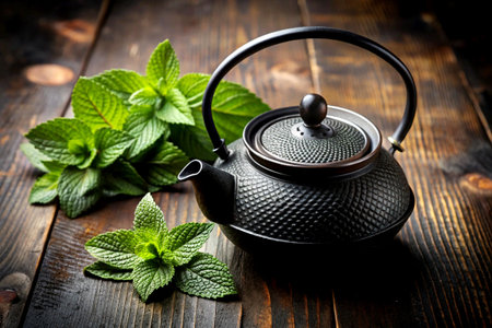 Close-Up of Teapot and Fresh Mint on Rustic Wooden Table.の写真素材