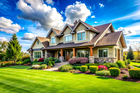 Charming House with Beautifully Landscaped Yard and Lush Front Lawnの写真素材