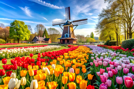 Vibrant Tulips and Iconic Windmill in Keukenhof Gardens, Hollandの写真素材