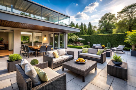 Cozy Outdoor Patio with Stylish Wicker Chairs & Decorative Pillows. Relaxing Backyard Retreatの写真素材