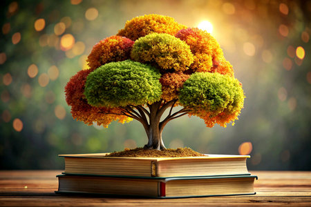 Book-Shaped Tree Sculpture on Wooden Table. Whimsical Literary Art with Dreamy Bokeh Background.の写真素材