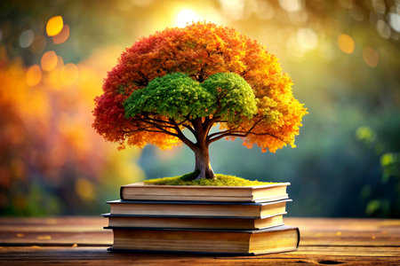 Knowledge Tree Sprouting from Stacked Books. Wooden Table with Soft Blurred Nature Background