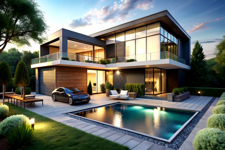 Luxurious Modern 3D Home with Pool and Parking at Sunset.の写真素材