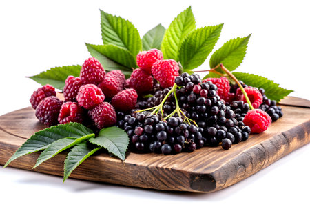 Fresh Berries Medley on Rustic Wooden Board, Black and Red Raspberries with Blackberries.の写真素材