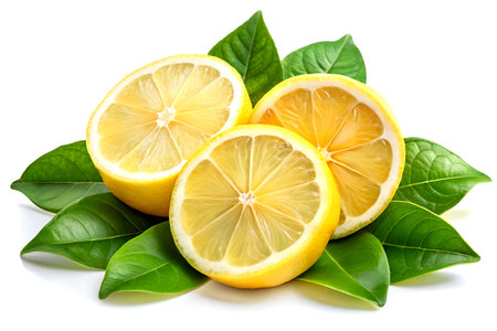 Fresh Sliced Lemon with Green Leaves. Citrus Fruit Isolated on White.の写真素材