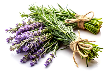 Fresh Rosemary and Lavender Flowers Bunch on Clean White Background. Aromatic Herbs Still Lifeの写真素材