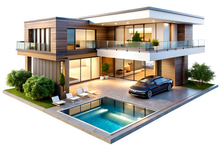 Modern 3D Rendered Cozy House with Pool and Parking. Real Estate Property for Sale or Rent.の写真素材
