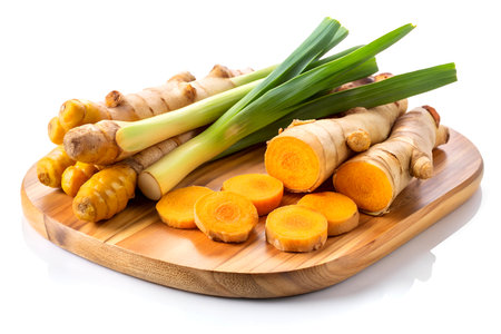 Fresh Root Ginger and Crisp Celery Stalks on Rustic Wooden Board, Isolated Against White Background.の写真素材