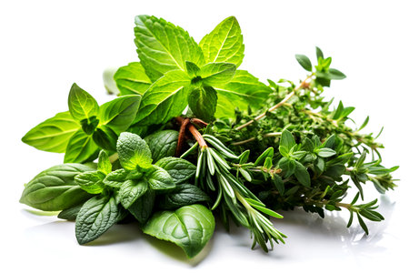 Fresh herbs on a white background. Basil, rosemary, thyme, oregano.の写真素材