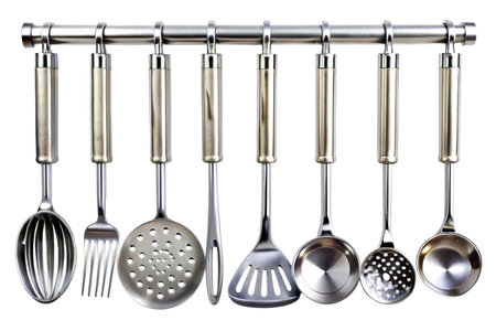 Assorted Kitchen Utensils Neatly Arranged on White Background with Clipping Path.の写真素材
