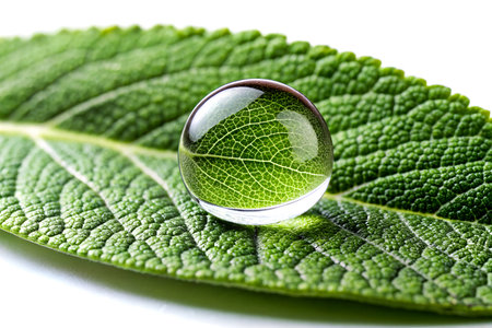 Fresh Water Drop Resting on Green Leaf Isolated on White Background with Clipping Path.の写真素材