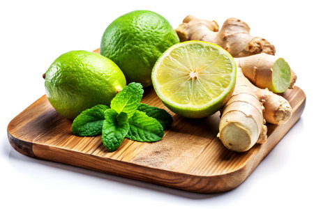 Fresh Lime, Ginger, and Mint on Wooden Board. Natural Ingredients for Healthy Living.の写真素材
