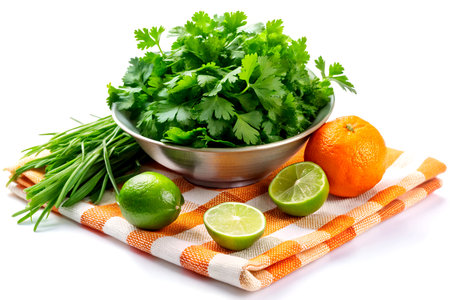 Fresh Parsley, Lime, and Chives in Bowl on White Background, Culinary Herb Mix.の写真素材