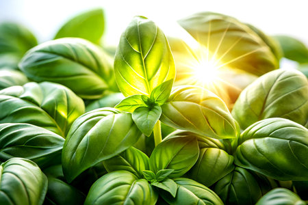 Fresh green basil herb leaves closeup, healthy food and agriculture concept.の写真素材