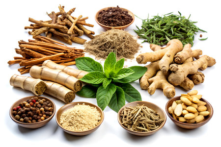 Aromatic Culinary Herbs and Colorful Spices Flat Lay on White Background.の写真素材