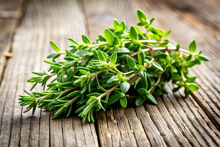 Fresh Thyme Sprigs on Rustic Wooden Surface with Soft Focus.の写真素材