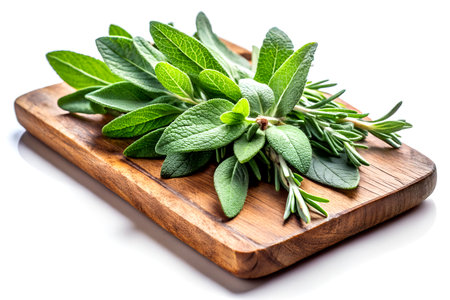 Fresh Sage Leaves on Rustic Wooden Cutting Board Isolated on White Background.の写真素材