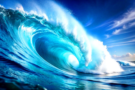 3D Render of Blue Ocean Wave Under Bright Sunlight. Serene Seascape Scene.の写真素材