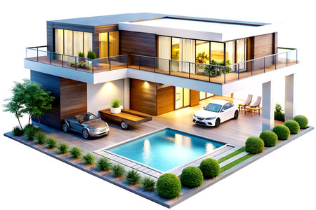 3D Render of Modern Cozy Villa with Swimming Pool and Private Parking. Real Estate Visualization.の写真素材