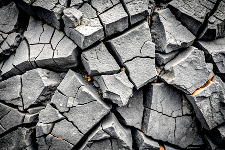 Close-Up of Cracked Black Volcanic Lava Stone Texture with Toned Effect.の写真素材