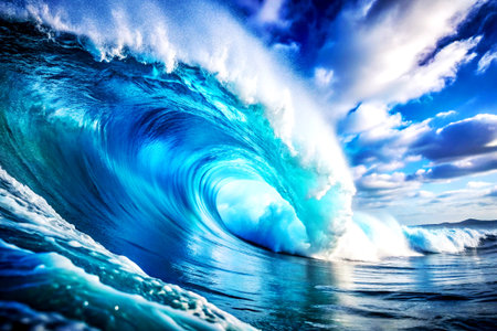 3D Rendering of Surfing Wave with Blue Sky and Ocean Splash.の写真素材