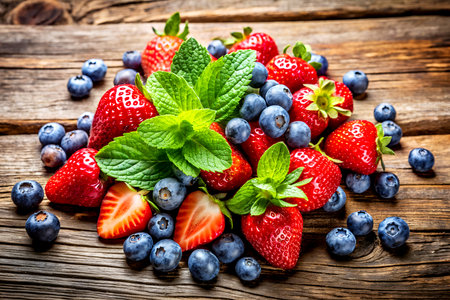 Fresh Strawberries and Blueberries with Mint on Rustic Wooden Surface.の写真素材