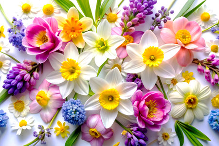 Flat Lay of Colorful Spring Flowers on White Background, Top View Floral Arrangement.の写真素材