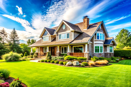 Elegant Luxury Home with Manicured Front Yard and Stunning Landscape Design.の写真素材