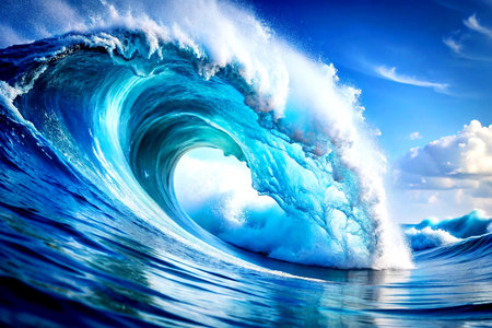 Powerful Blue Ocean Wave Crashing Under a Bright Sky with Clouds and Spray.の写真素材