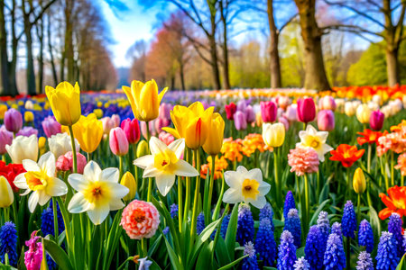Radiant Spring Meadow with Blooming Narcissus Flowers.の写真素材