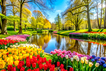 Vibrant Tulip Fields in Full Bloom at Keukenhof Park, Netherlands in Spring.の写真素材