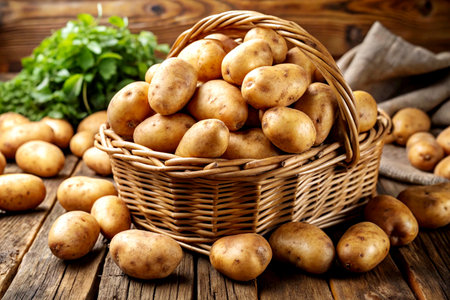 Basket Overflowing with Fresh Jumbo Russet Potatoes. Rustic Farm Harvest Still Life.の写真素材