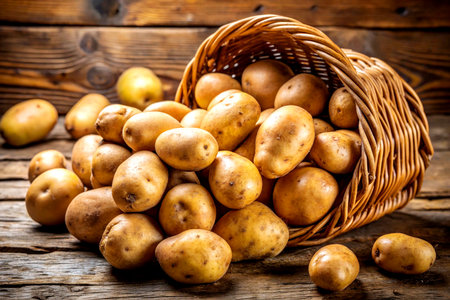 Basket of Jumbo Russet Potatoes Spilling Onto Rustic Surface.の写真素材