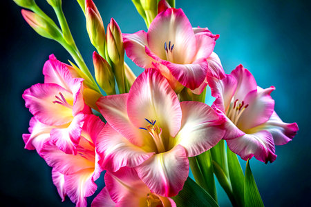Elegant Pink Gladiolus Bouquet Against Vibrant Blue Backdrop.の写真素材