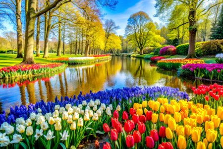Vibrant Tulip Blooms in Keukenhof Park, Netherlands Spring Wonderland.の写真素材