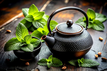 Elegant Black Teapot with Fresh Mint Leaves on Rustic Surface.の写真素材