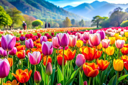 Vibrant Tulip Blooms Brightening a Snowy Winter Landscape.の写真素材