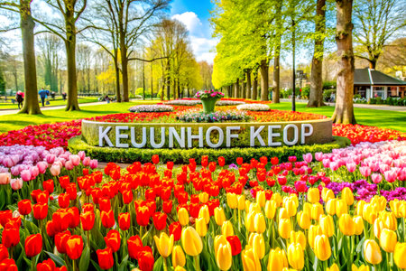 Stunning Blooming Tulip Flowerbed in Keukenhof Garden, Netherlands.の写真素材