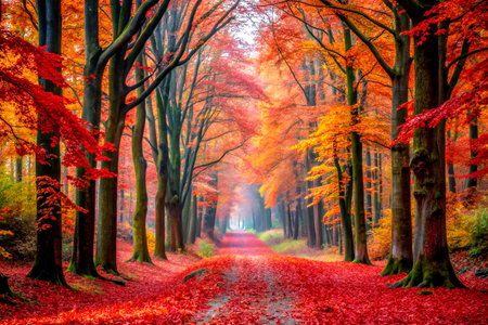 Autumn Forest Path Carpeted with Red Leaves and Gentle Fall Breeze.の写真素材