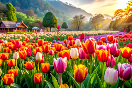 Vibrant Colorful Tulips Blooming in Setting.の写真素材