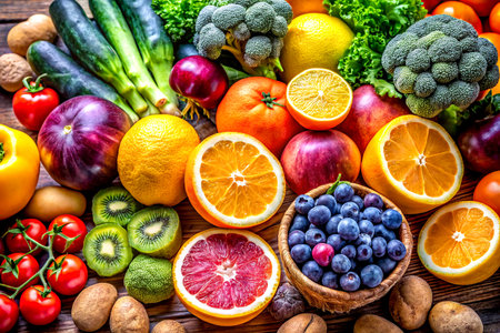 Assorted Fresh Fruits and Vegetables Featuring Oranges, Lemons, and Plums.の写真素材