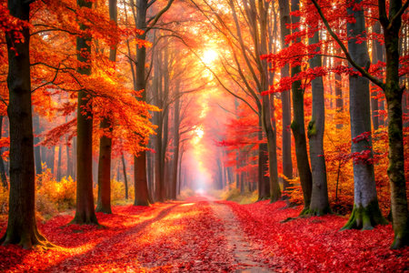 Serene Autumn Forest Path Covered with Vibrant Red Leaves Leading to Light.の写真素材