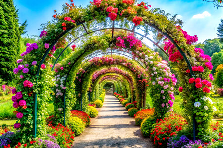 Enchanting Flower Arches Adorning a Scenic Walkway in Ornamental Garden.の写真素材