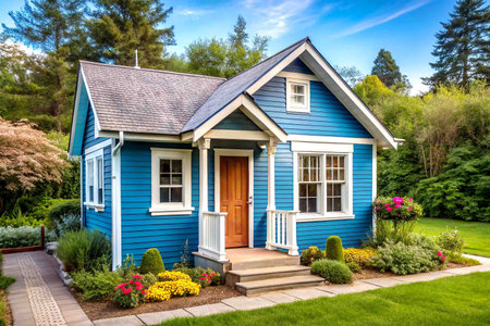 Charming Blue Wooden Cottage with Rustic Siding and Cozy Garden Setting.の写真素材