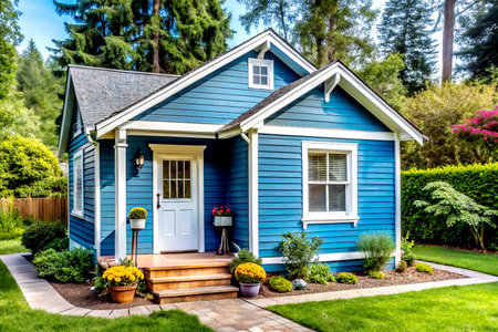 Quaint Small Blue Wooden House with Charming Cottage Style.の写真素材