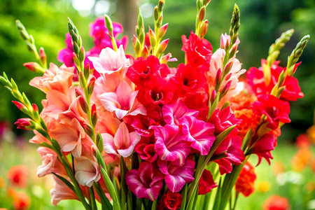 Elegant Bouquet of Red Gladiolus Flowers with Lush Greenery.の写真素材