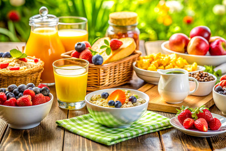 Healthy Breakfast Spread on a Sunlit Table.の写真素材