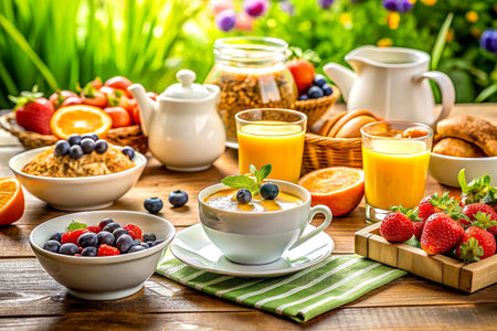 Sunlit Breakfast Table with Nutritious and Colorful Healthy Foods, Fresh Morning Feast.の写真素材
