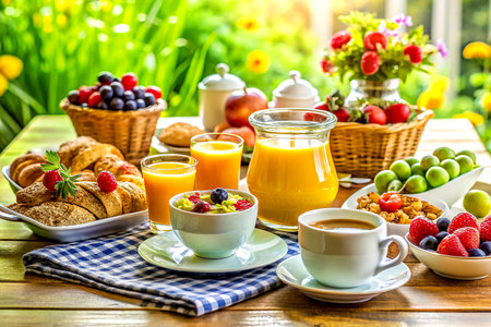Fresh & Wholesome Breakfast Table Spread, Nutritious Morning Delights.の写真素材