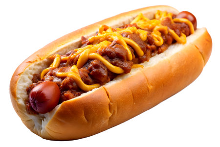Chili Cheese Hot Dog Isolated on Transparent Background for Food Design.の写真素材
